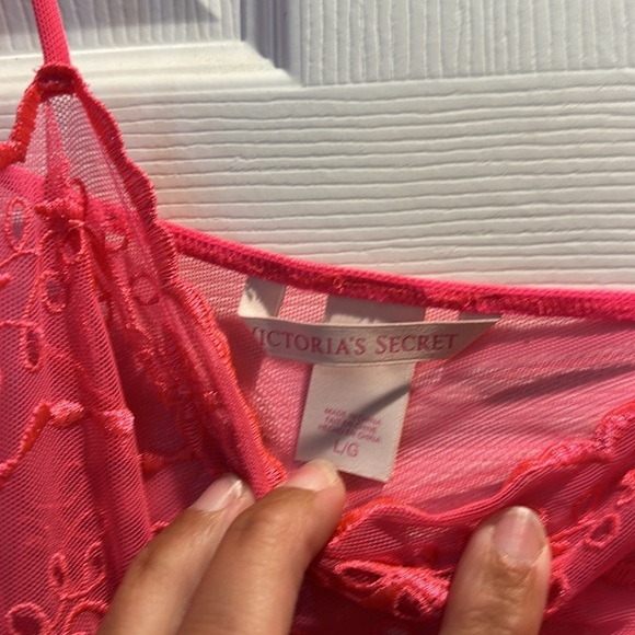 Victoria’s Secret Bright Pink Sheer Stretch Mesh Eyelet Lace Slip Dress L - Picture 2 of 7